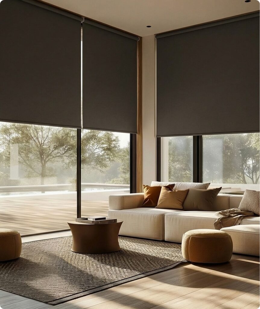 Double-height living room with charcoal blackout roller shades and a cream sectional sofa, featuring residential and commercial blinds designed for privacy and light control.