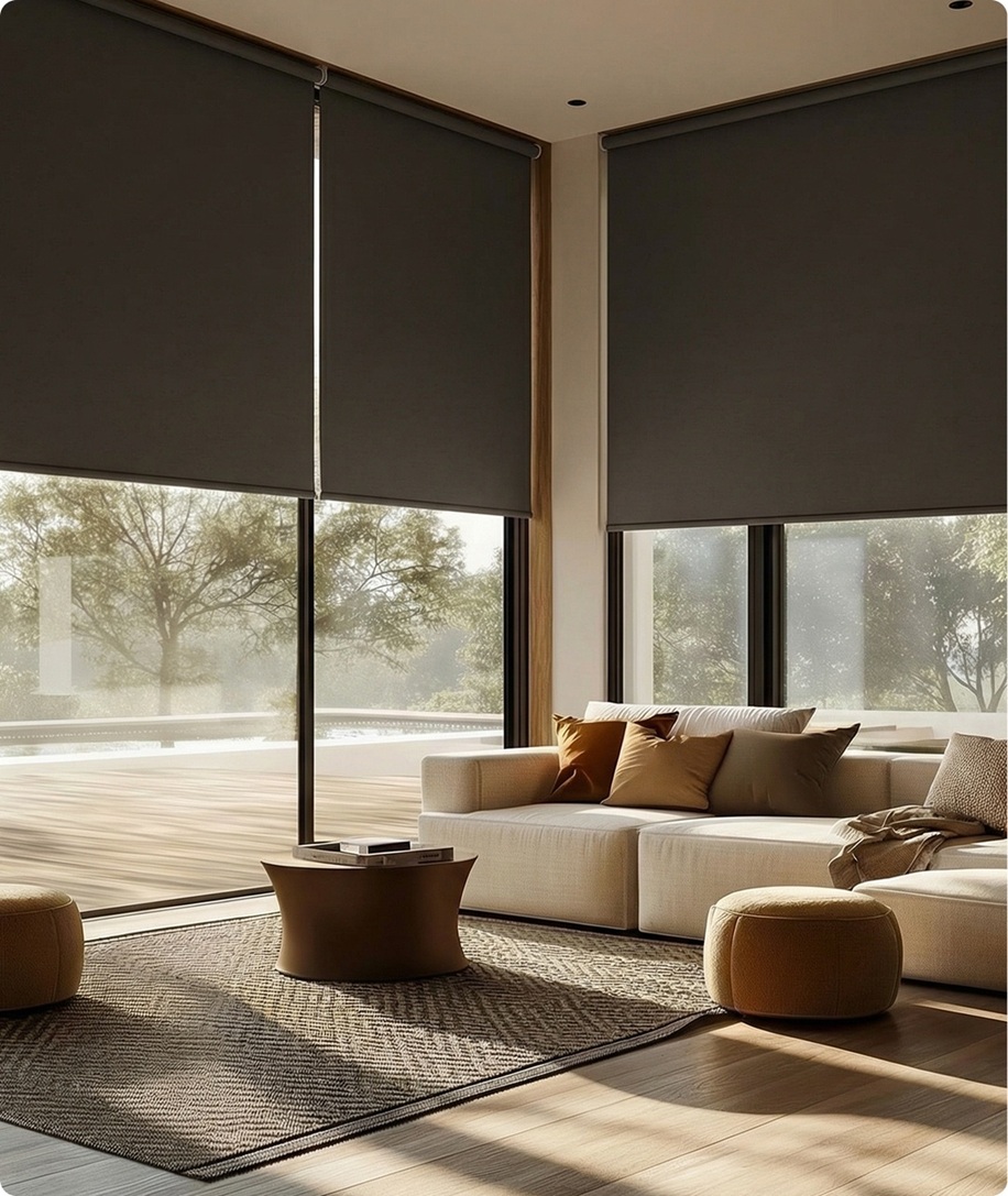 Double-height living room with charcoal blackout roller shades and a cream sectional sofa, featuring residential and commercial blinds designed for privacy and light control.