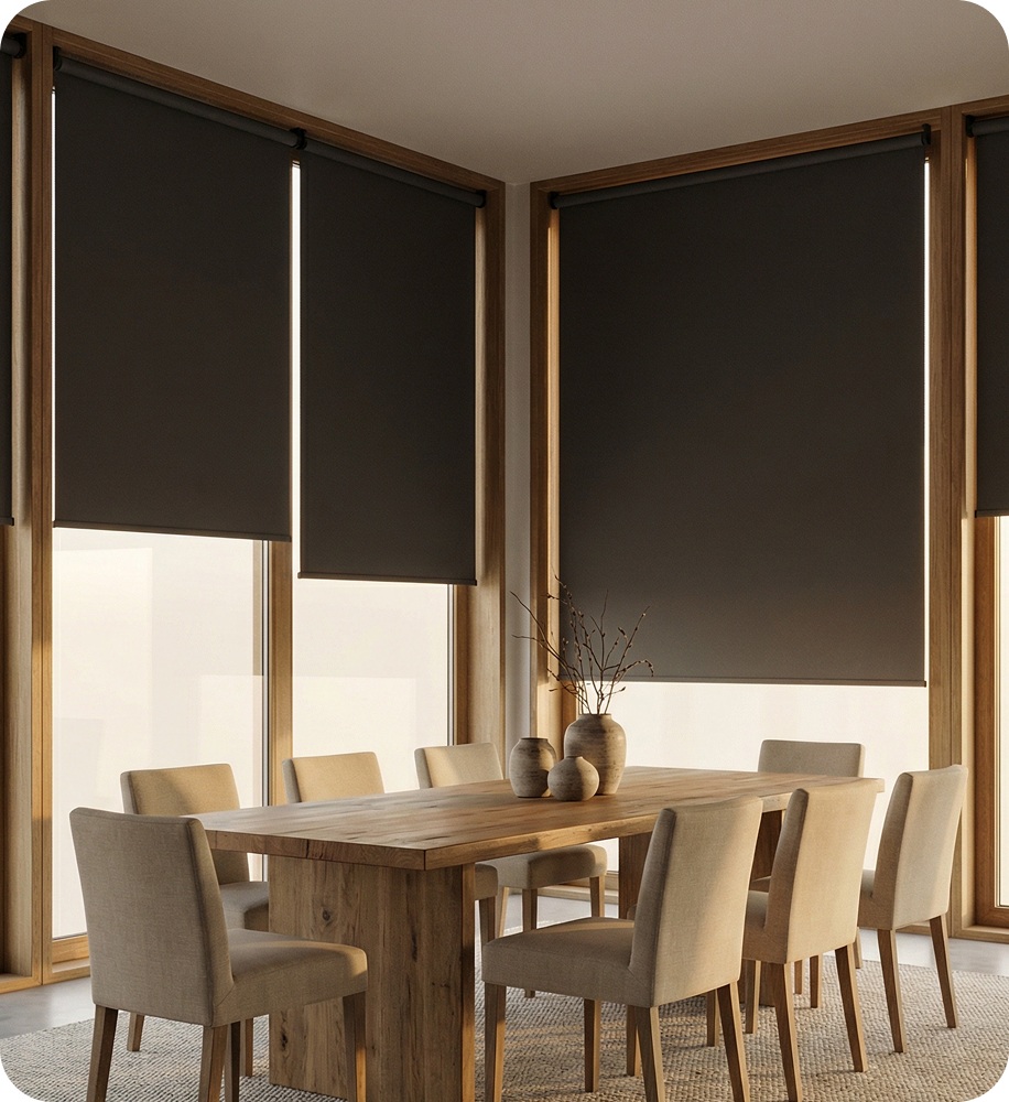 Dining room corner with blackout shades on wooden-framed windows, featuring dark blackout roller shades for enhanced privacy and light control.