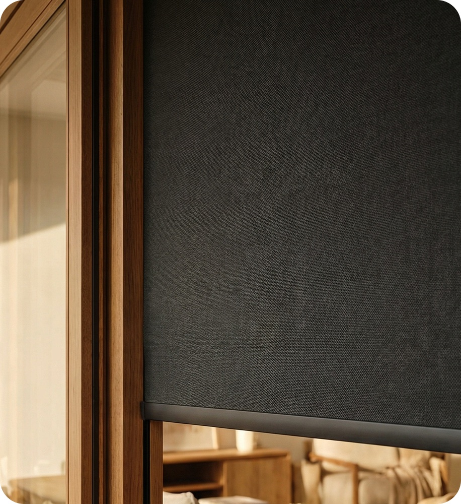 Close-up of black blackout roller shades fabric texture with wooden frame detail, showcasing premium materials for effective light blocking.