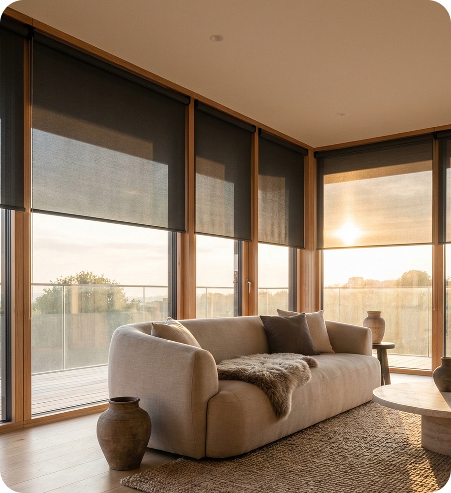 Living room with a curved sofa and room darkening shades illuminated by warm sunset light through large windows.