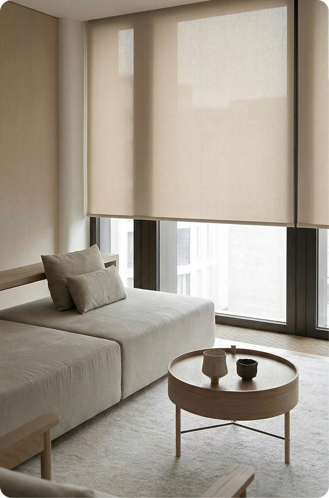 Minimalist bedroom with a half-drawn beige bamboo-look roller shade, highlighting premium custom shades that softly filter morning light.