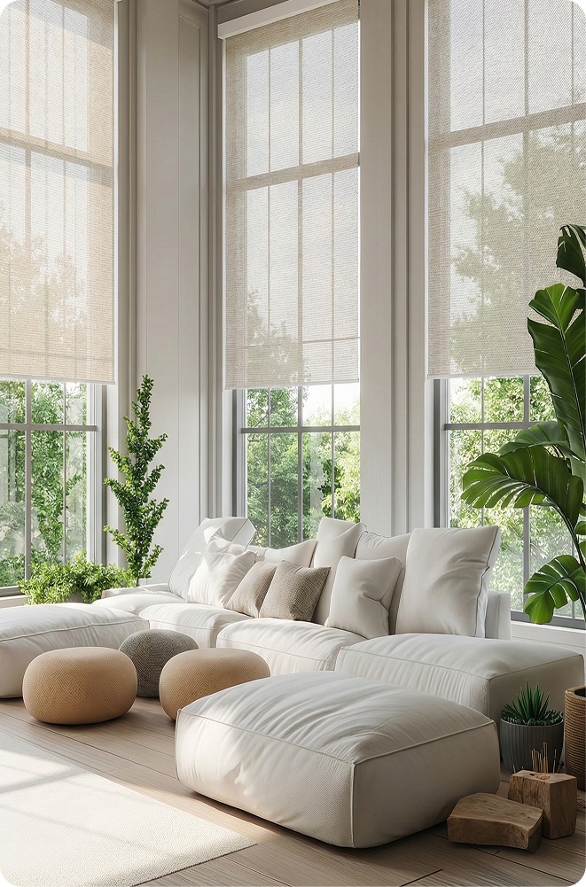 Bright living room with white sheer roller shades and lush indoor greenery, showcasing elegant custom shades that filter natural light.