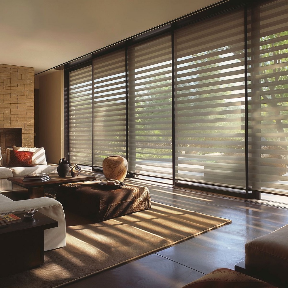 Modern living room featuring residential and commercial blinds with dual-layer zebra fabric, providing adjustable light control across floor-to-ceiling windows.