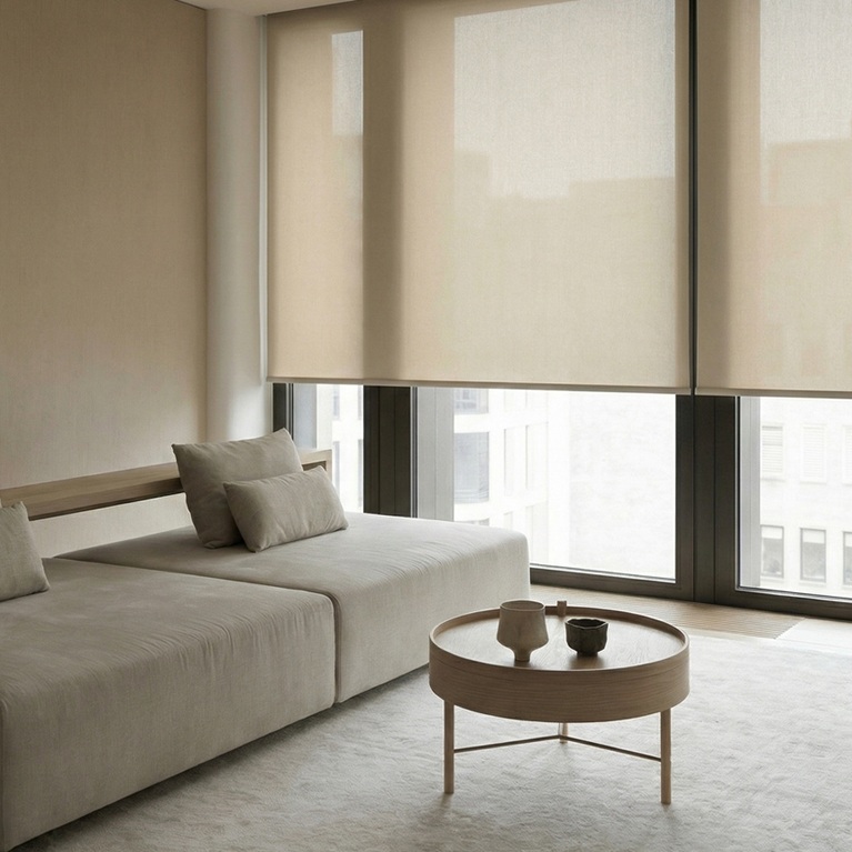 Contact The Shades Factory for a custom shades consultation while exploring this warm living room with beige roller shades on wide windows overlooking city buildings.