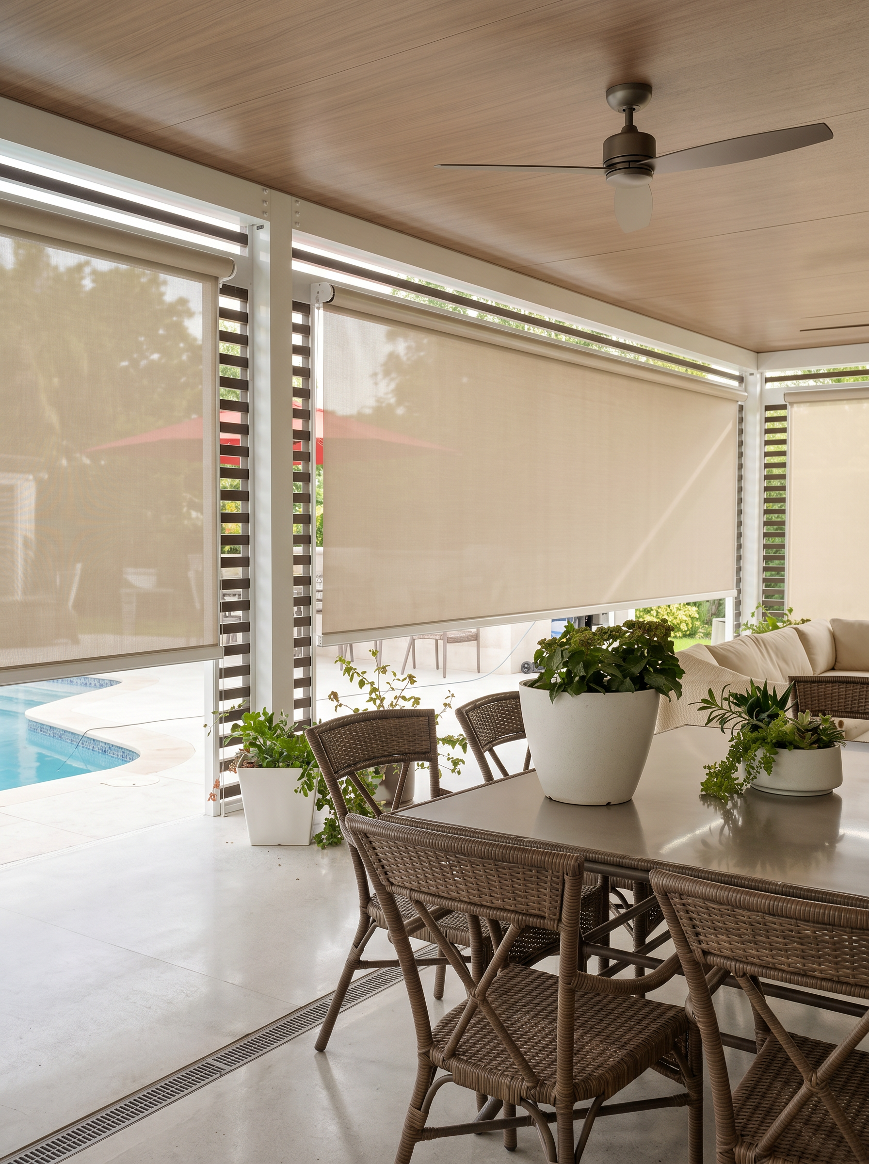 Covered outdoor patio with window treatments Miami homeowners choose for shade, privacy, and UV protection around a backyard pool and dining area.