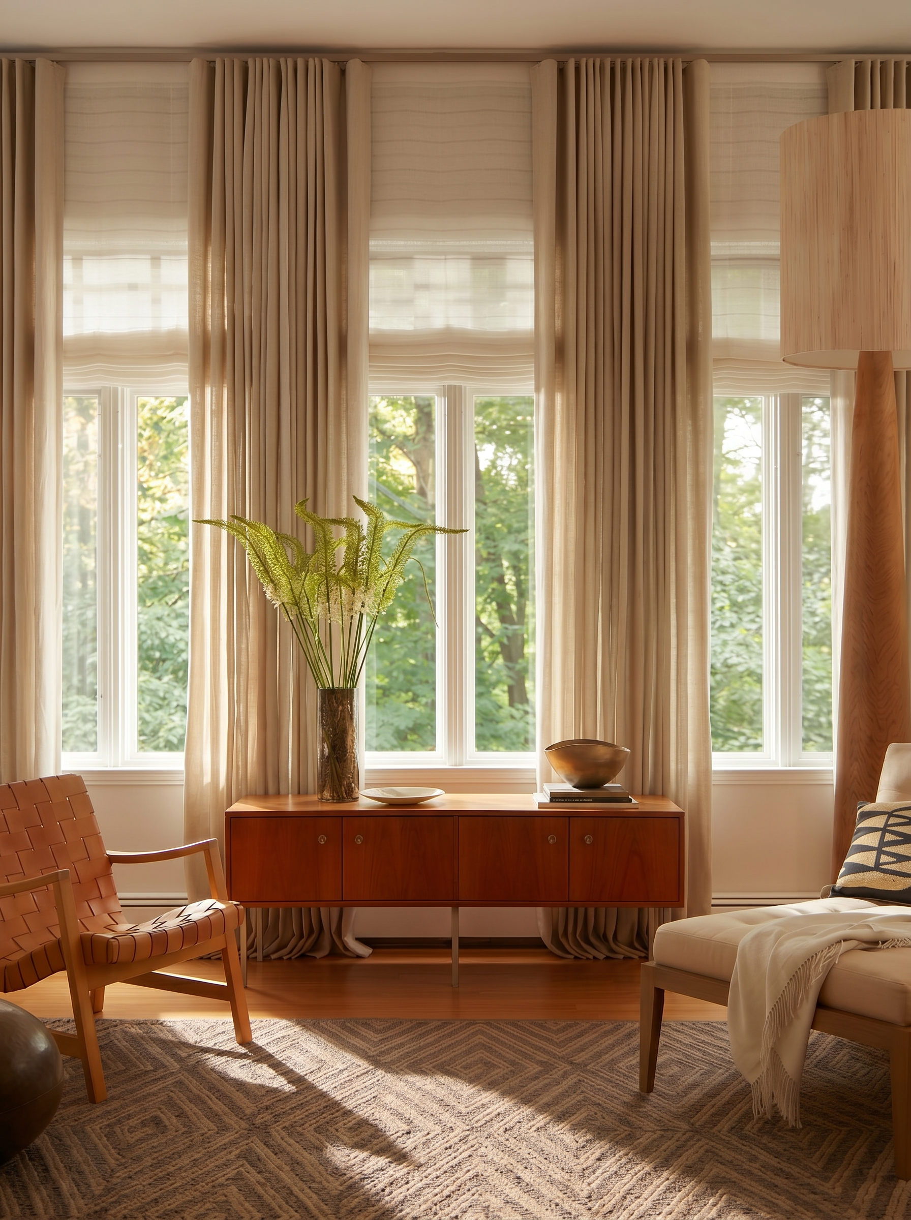 Elegant living room featuring custom blinds and shades with sheer window coverings and ripple fold drapery, creating a warm, light-filled space with timeless style.