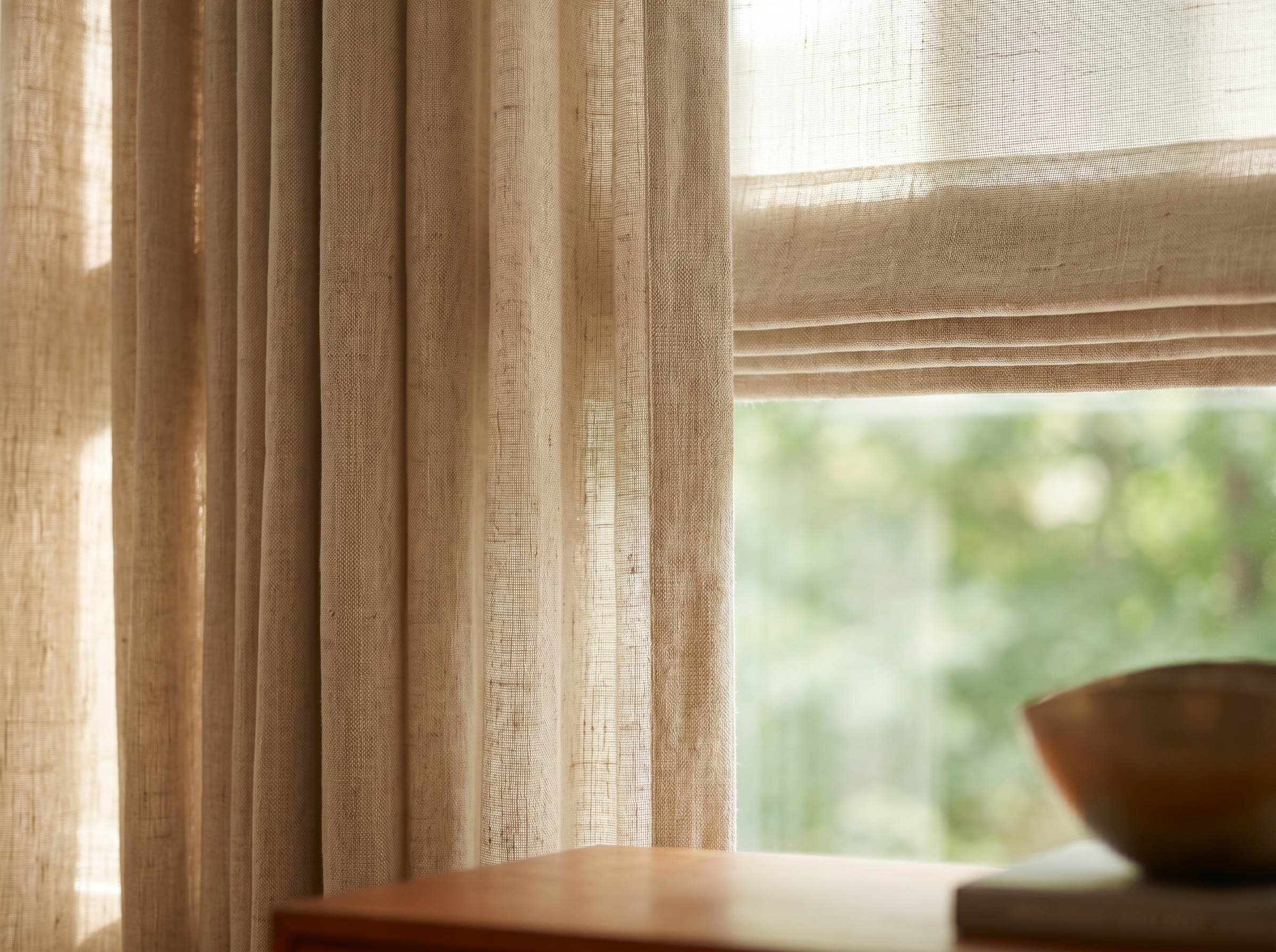 Close-up of elegant linen drapery paired with residential and commercial blinds, creating a layered window treatment that softly filters natural light.