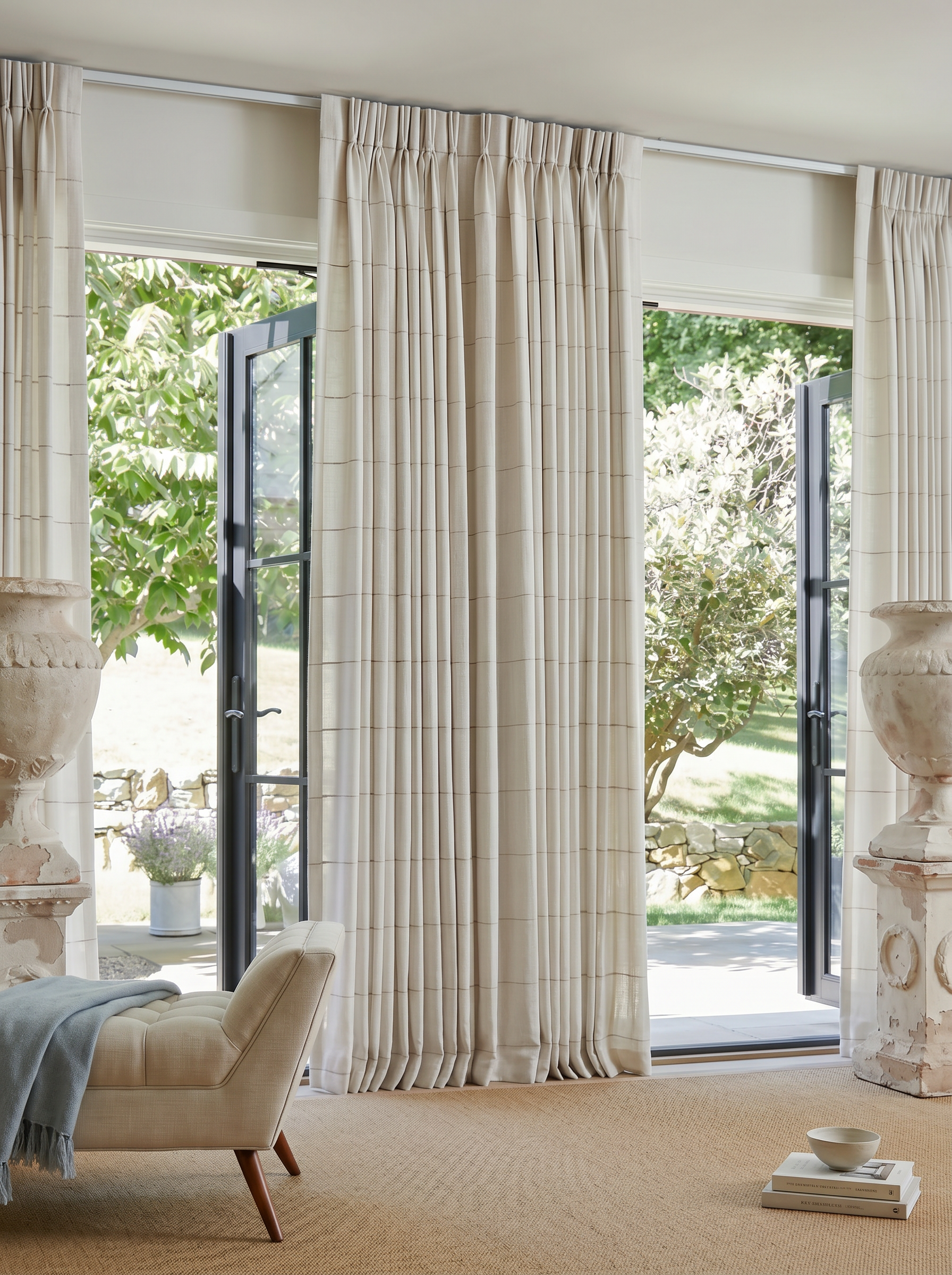 Elegant living room with floor-to-ceiling custom pleated drapes framing open black French doors overlooking a lush garden, creating a bright and inviting indoor-outdoor space.