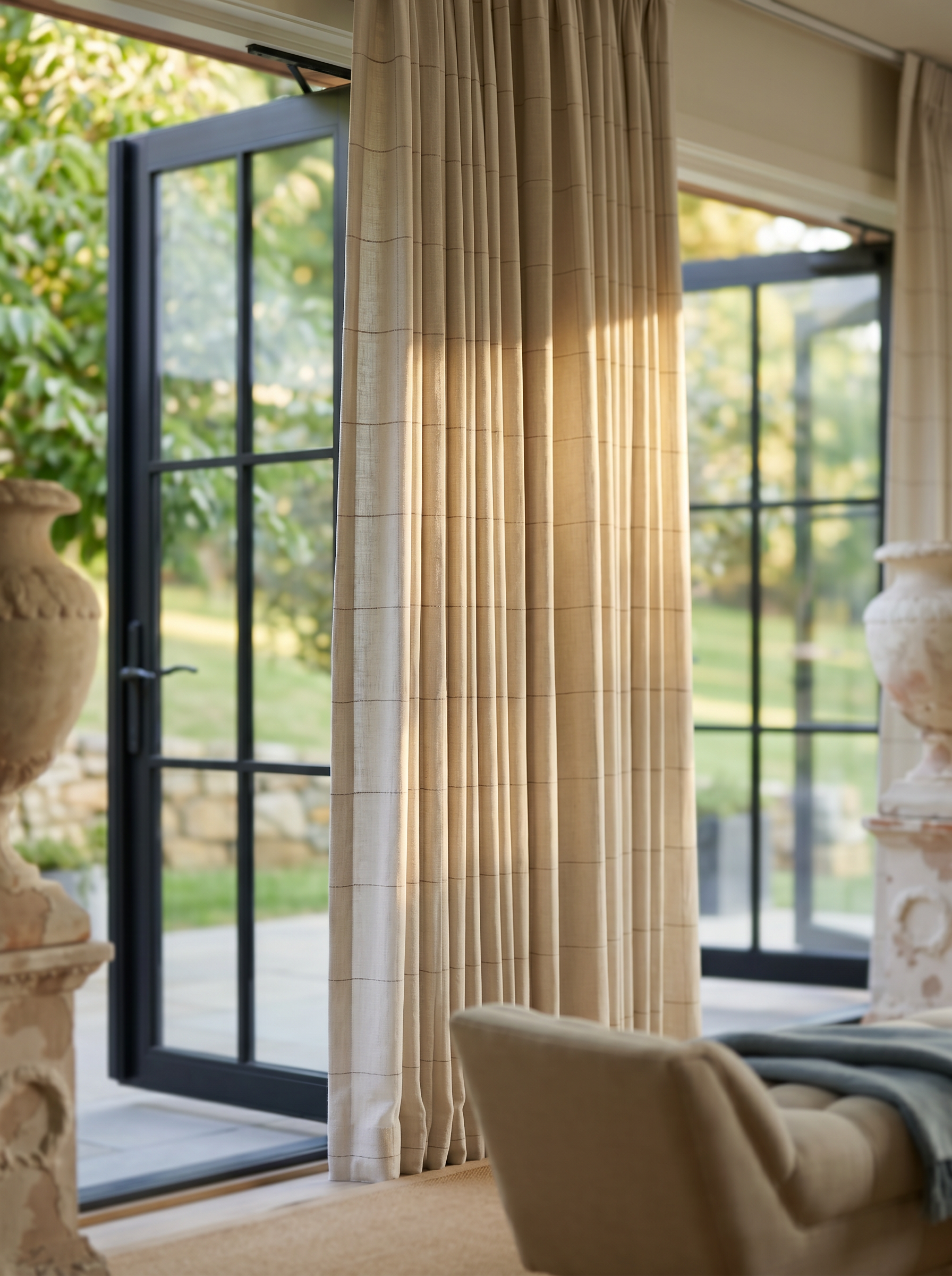 Elegant floor-to-ceiling drapery with custom shades framing open French doors, bringing natural light and timeless style to a bright living room.