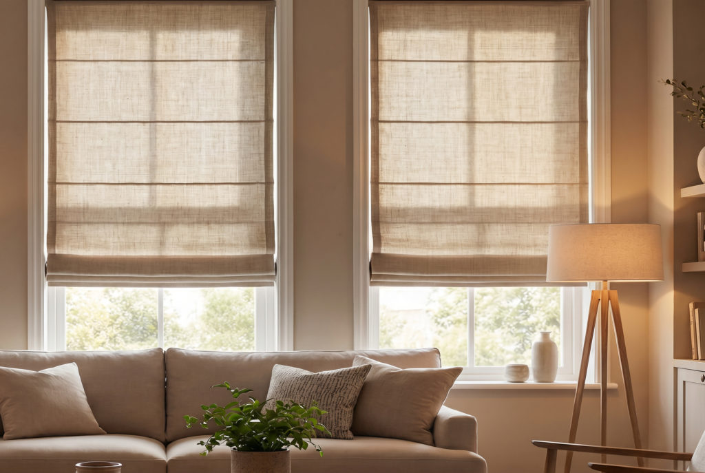 Elegant living room featuring custom blinds and shades with sheer window coverings and ripple fold drapery, creating a warm, light-filled space with timeless style.