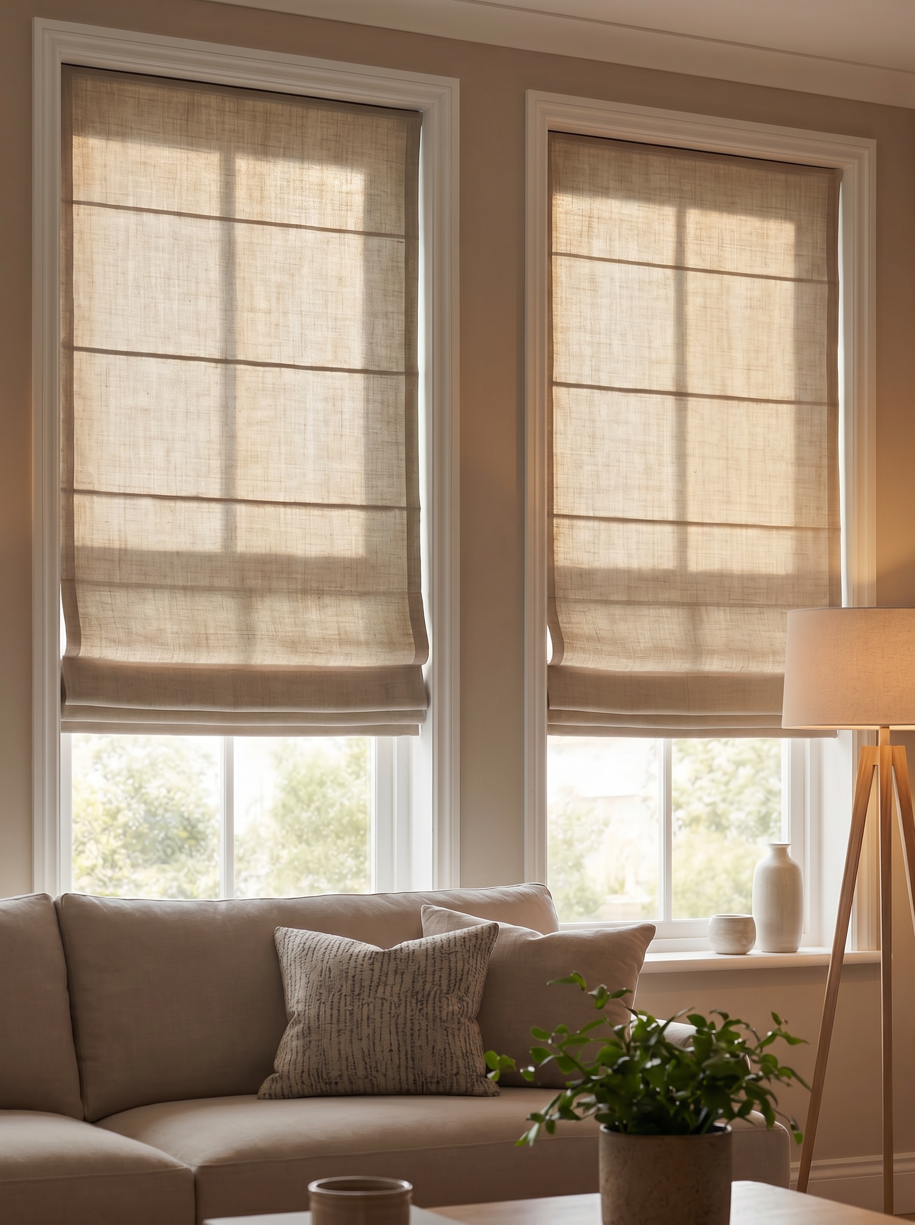 Elegant living room featuring custom blinds and shades with sheer window coverings and ripple fold drapery, creating a warm, light-filled space with timeless style.