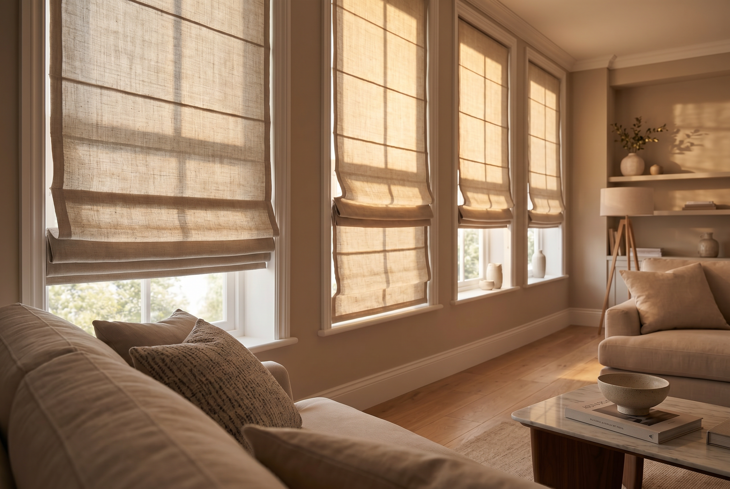 Bright living room with window treatments Miami homeowners love, featuring elegant Roman shades that provide soft light control and a warm, inviting atmosphere.